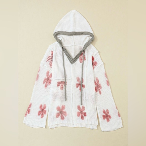 Floral Knit Hooded Sweater - White and Pink - Picture 9 of 16